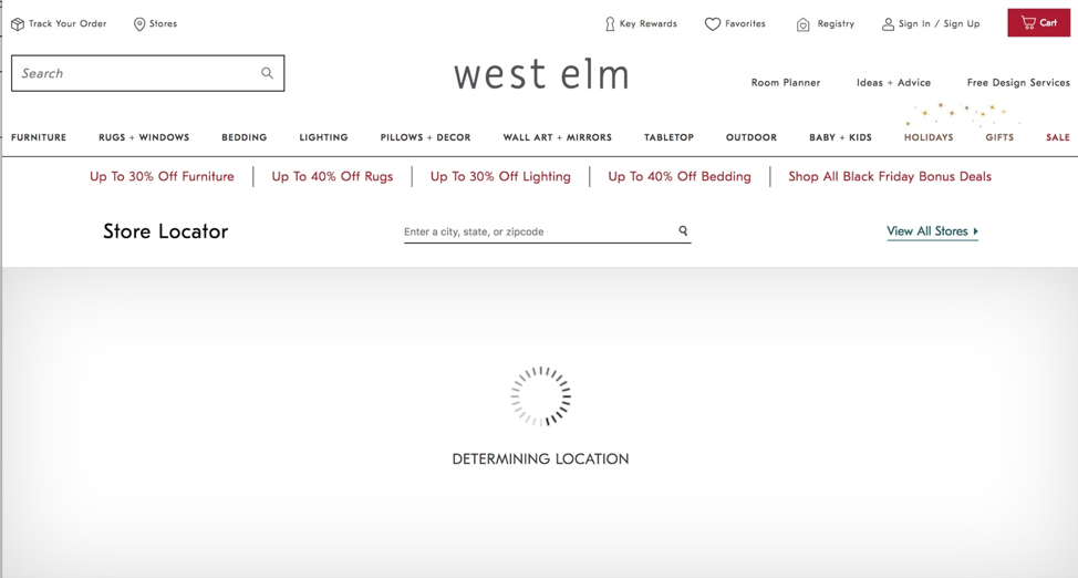 West Elm 网站的商店定位器（使用地理定位